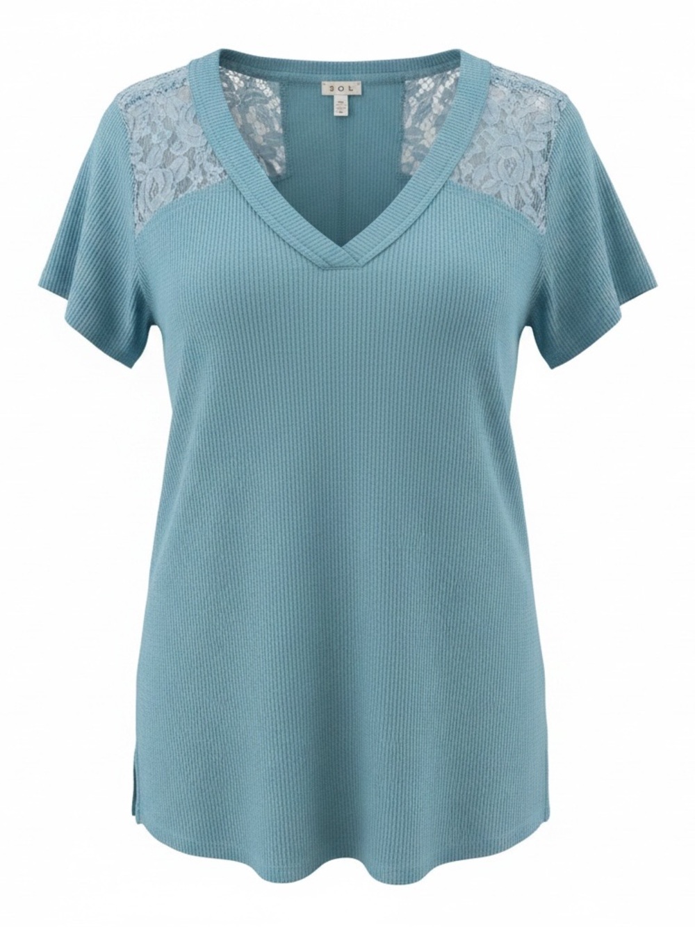 POL Lace-Trim V-Neck Short Sleeve Top - Dusty Blue